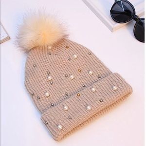Pretty Rhinestone Pearl knitted hats fur pom pom beanie soft warm winter hat